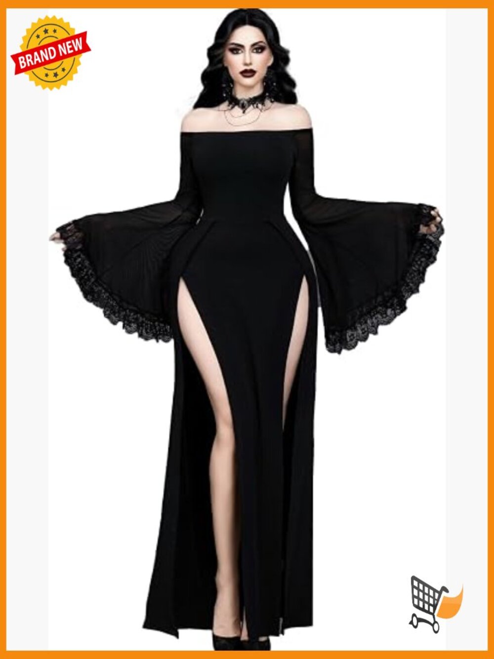 Gothic Sexy Retro Lace One-Shoulder High Slit Witch Sleeve Dress